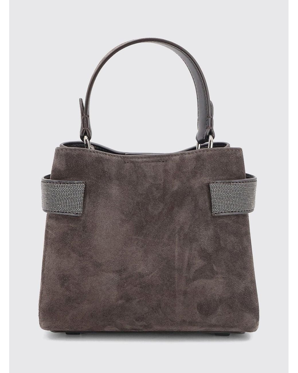 Brunello Cucinelli Gray Small Suede Handbag With Monili Embellishment