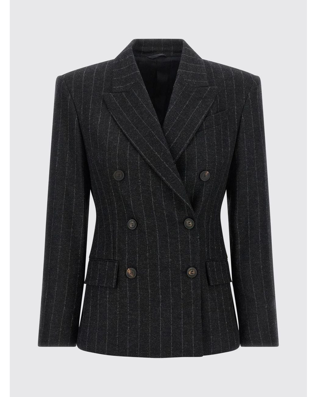 Brunello Cucinelli Blue Pinstripe Short Double-Breasted Wool Blazer With Peak Lapels