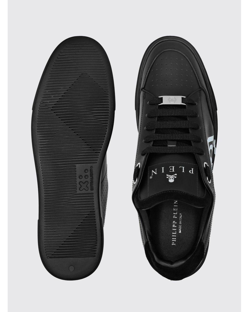 Philipp Plein Black Monogram Calf Leather Low-Top Sneakers With Hexagon Logo for men
