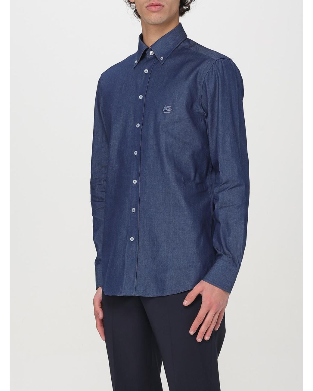 Etro Blue Cotton Shirt With Logo for men