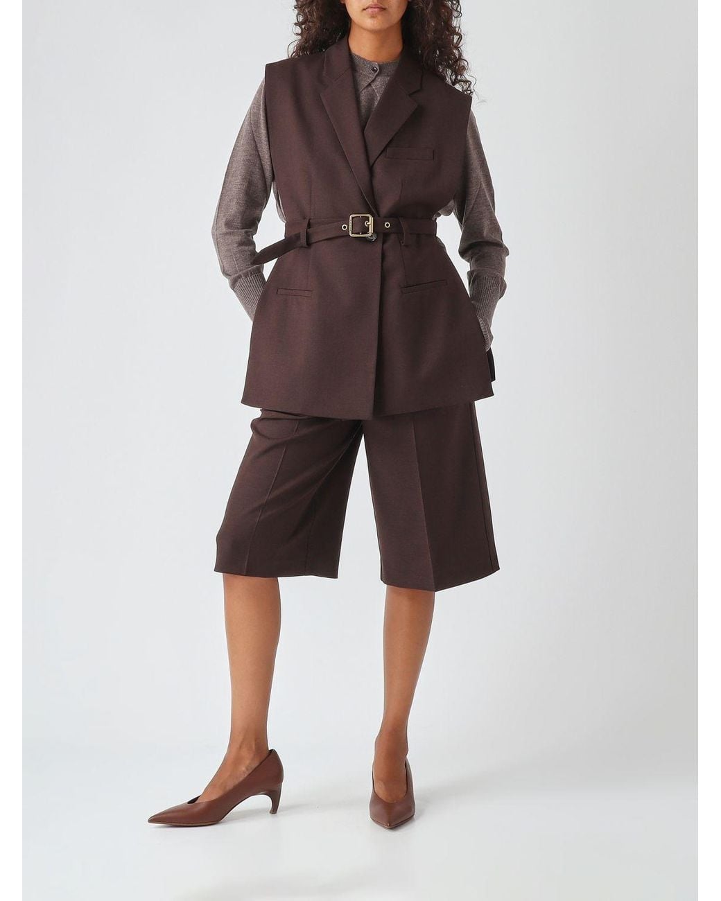 Pinko Brown High-Waisted Knee-Length Wool Blend Shorts