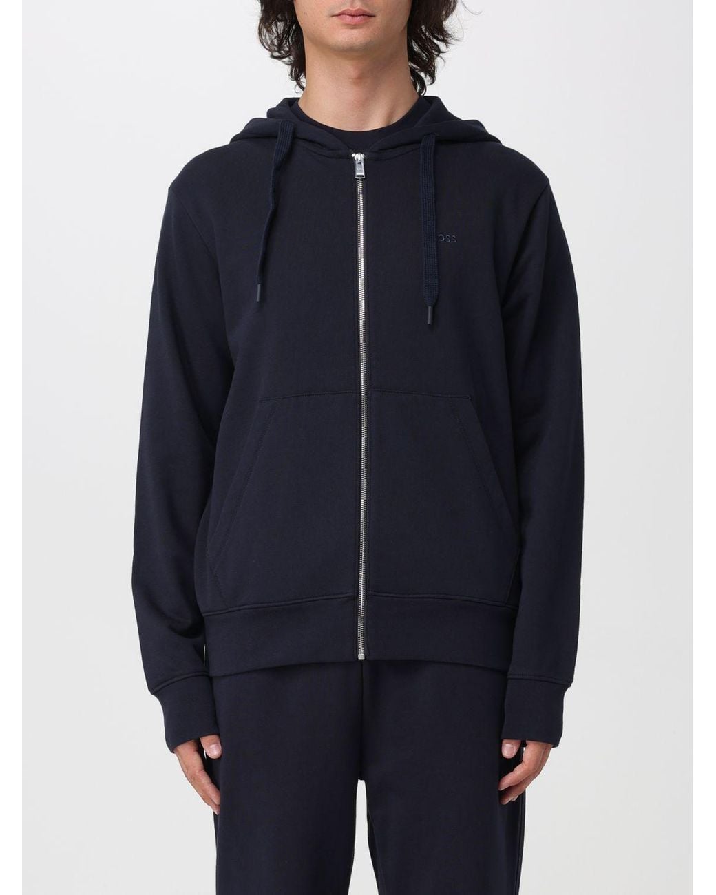 Boss Blue Cotton Zip-Up Hoodie Sweatshirt With Drawstring for men