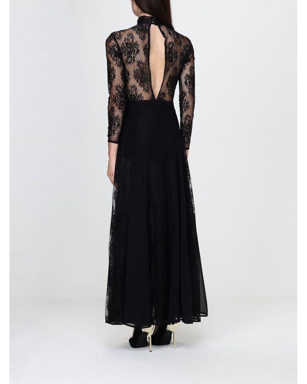 Hanita Black High-Neck Long Sleeve Lace Long Evening Gown