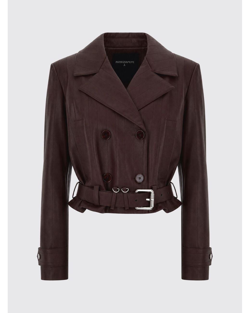 Patrizia Pepe Brown Short Faux Leather Biker Jacket With Lapel Collar