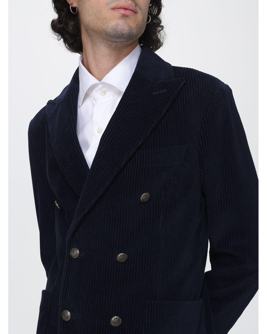 Circolo 1901 Blue Double-Breasted Cotton Velvet Blazer With Patch Pockets for men