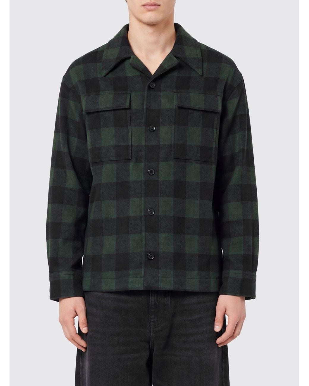 AMI Black Check Wool Shirt Jacket With Cuban Collar for men