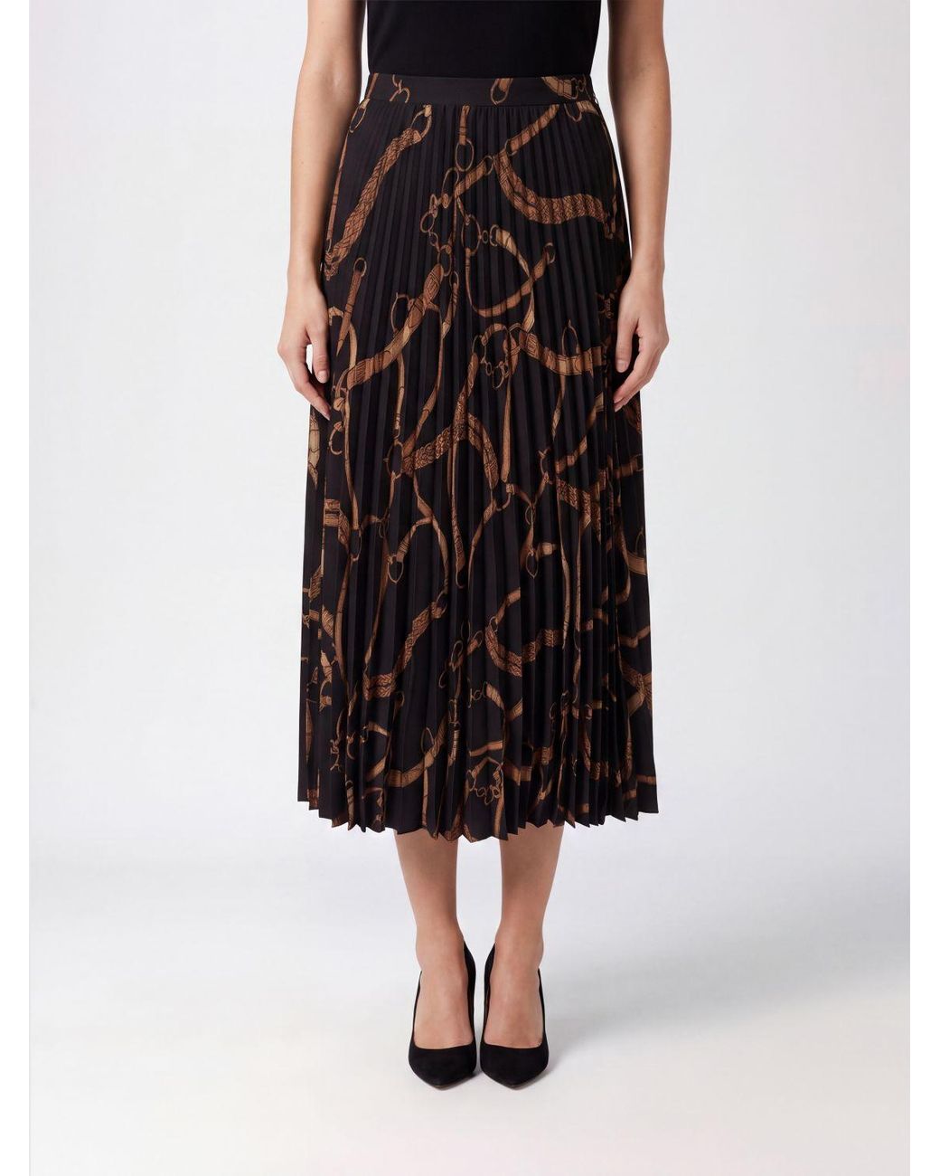 Ralph Lauren Black Graphic Print Pleated Crêpe Midi Skirt
