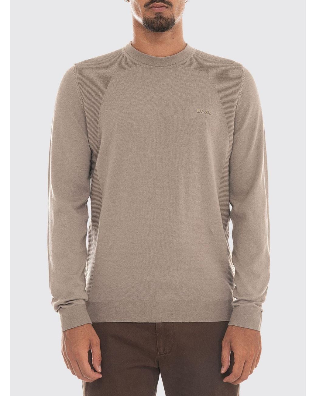 Boss Gray Cotton Blend Crew Neck Jumper With Long Sleeves And Ribbed Trims for men