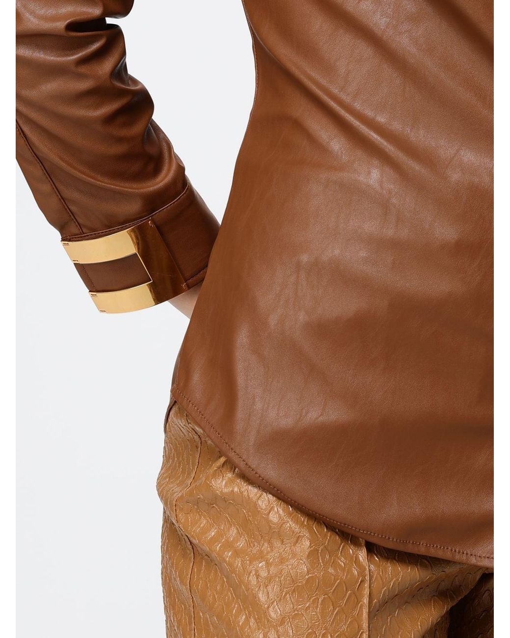 Elisabetta Franchi Brown Slim-Fit Faux Leather Shirt With Logo Detail Cuffs
