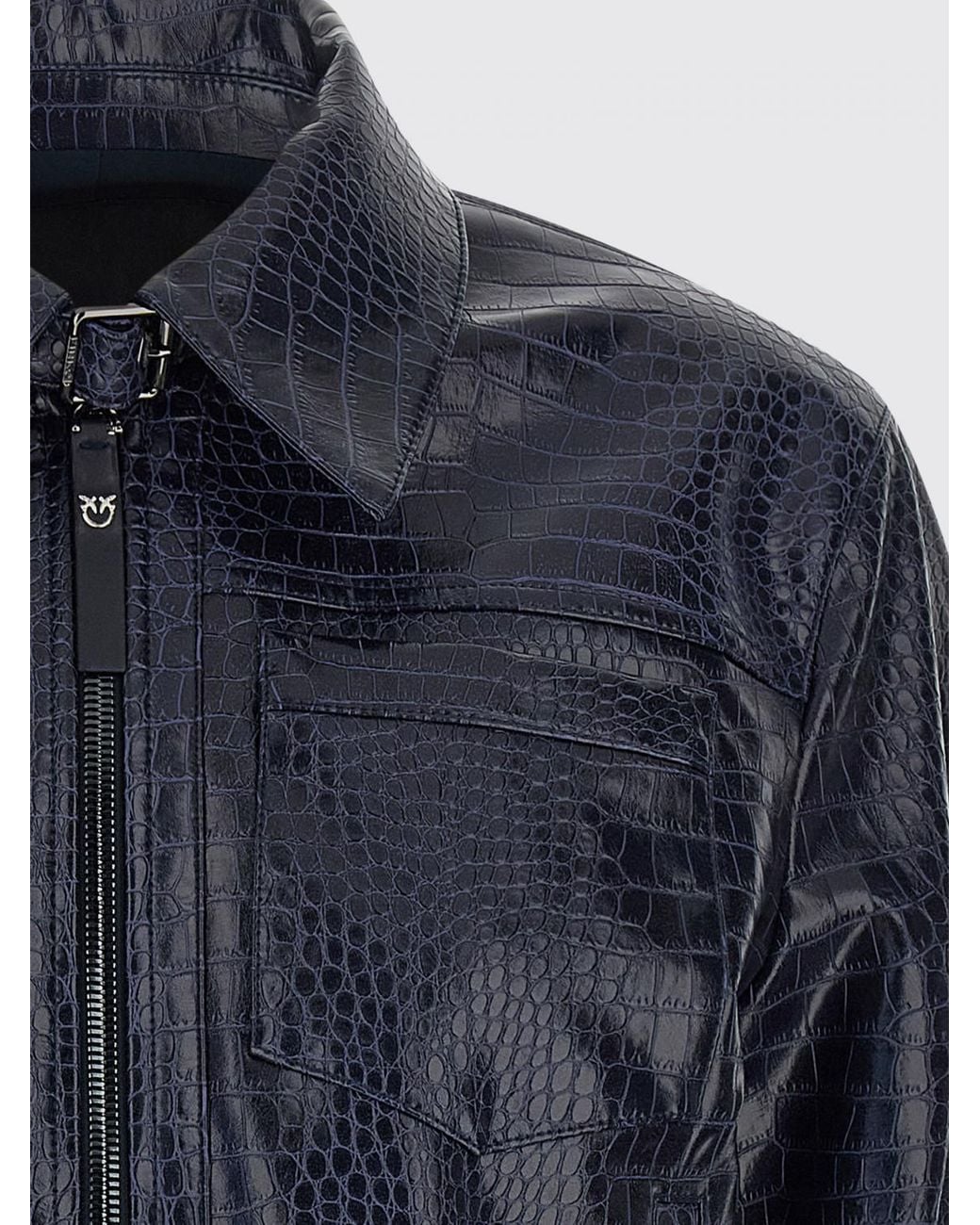 Pinko Blue Short Faux Leather Jacket With Crocodile Effect And Zip Closure
