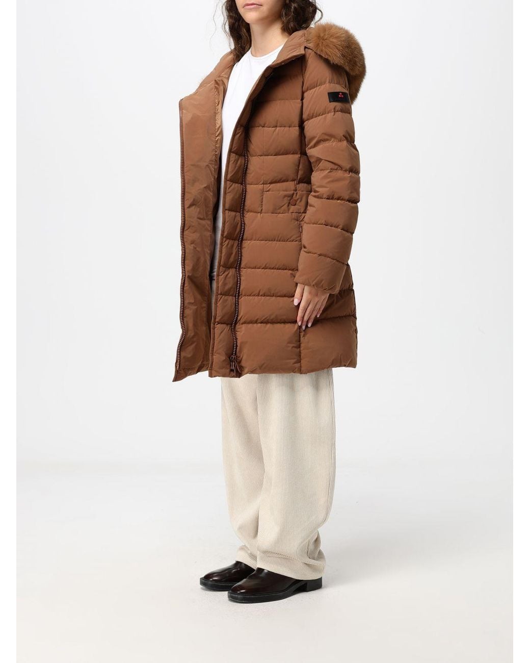 Peuterey Brown Knee-Length Quilted Nylon Down Jacket With Shearling Hood