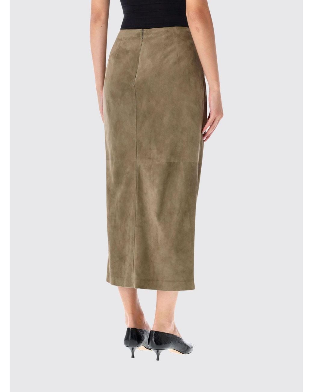 Ralph Lauren Green Draped Suede Leather Midi Pencil Skirt