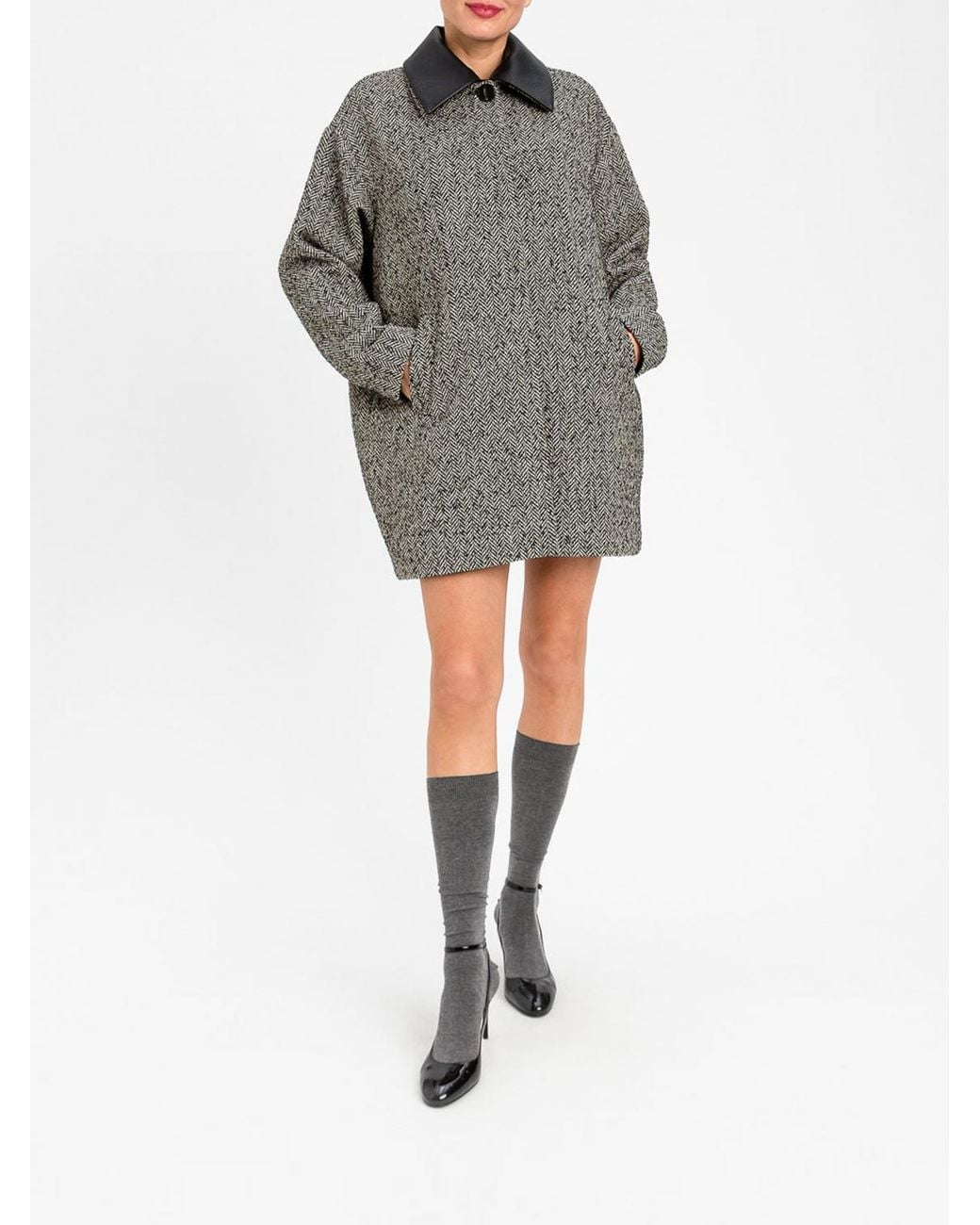 Twinset Gray Single-Breasted Wool Blend Coat With Leather Collar