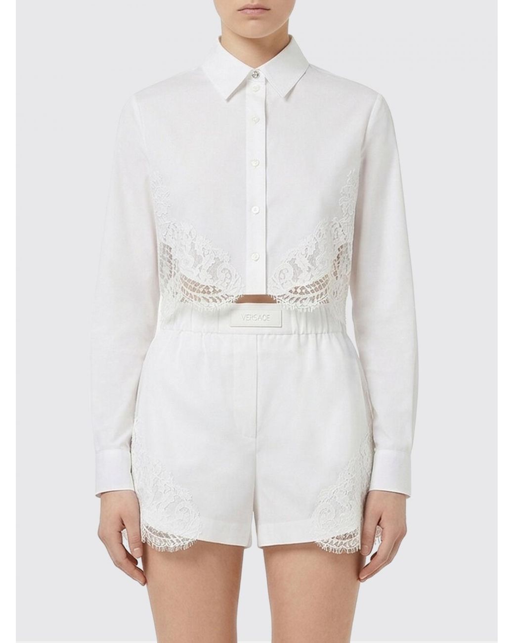 Versace White Cropped Cotton Shirt With Lace Inserts