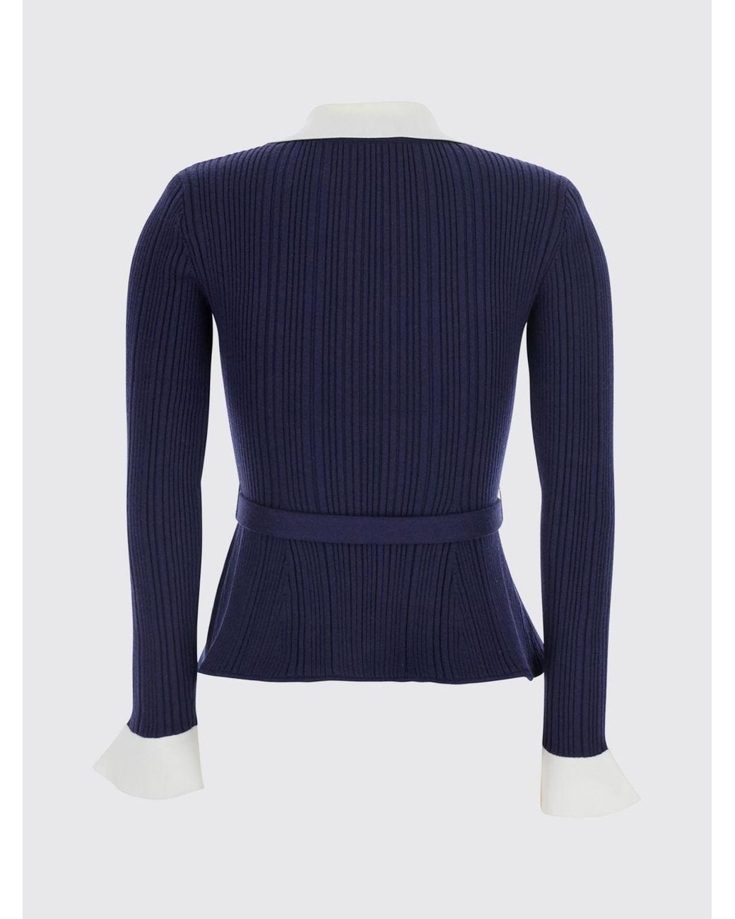 Self-Portrait Blue Slim Fit Ribbed-Knit Cardigan With Lapels And Belt