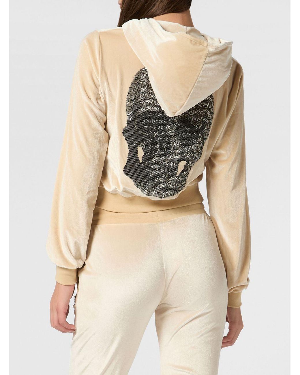 Philipp Plein Natural Cropped Velvet Zip Hoodie With Skull Rhinestones