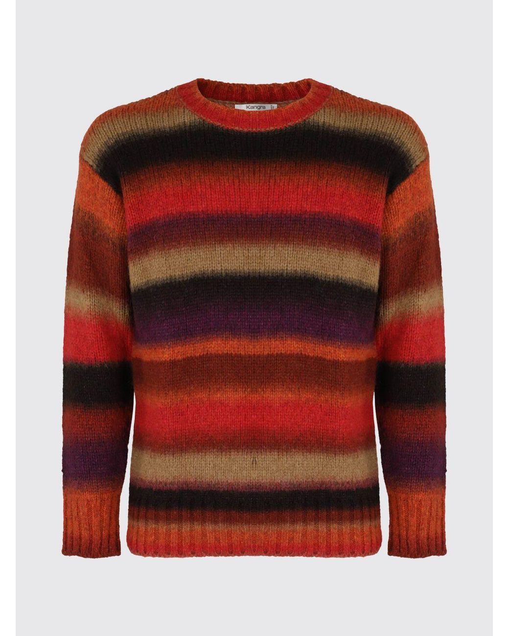 Kangra Red Multicolour Striped Wool Crewneck Sweater for men