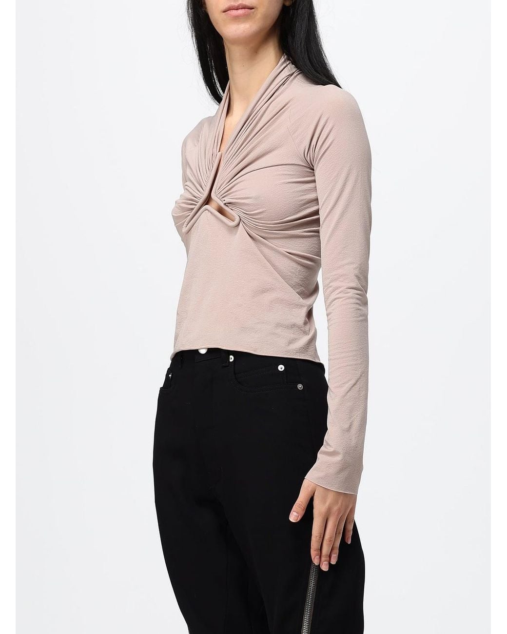 Rick Owens White Draped Asymmetrical Neck Long-Sleeved Top