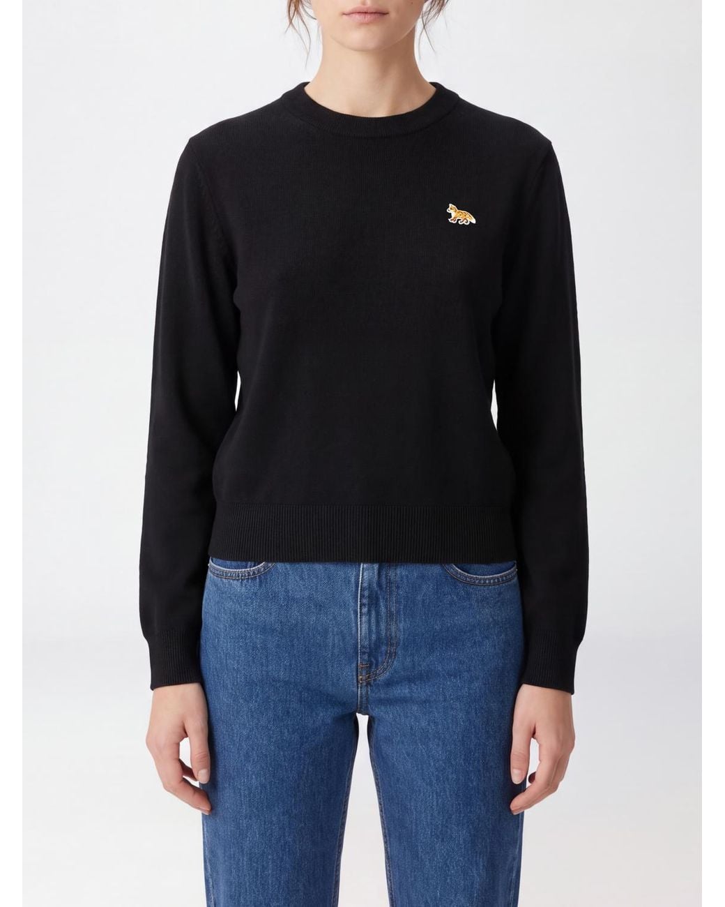Maison Kitsuné Black Maison KitsunÉ Crewneck Wool Jumper With Ribbed Trims And Applied Logo