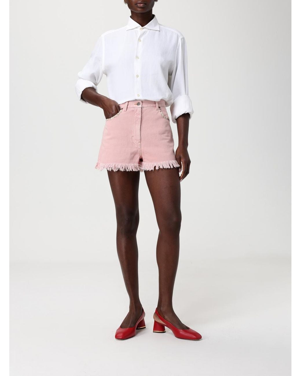Valentino Pink Cotton Blend Shorts With Printed Pockets