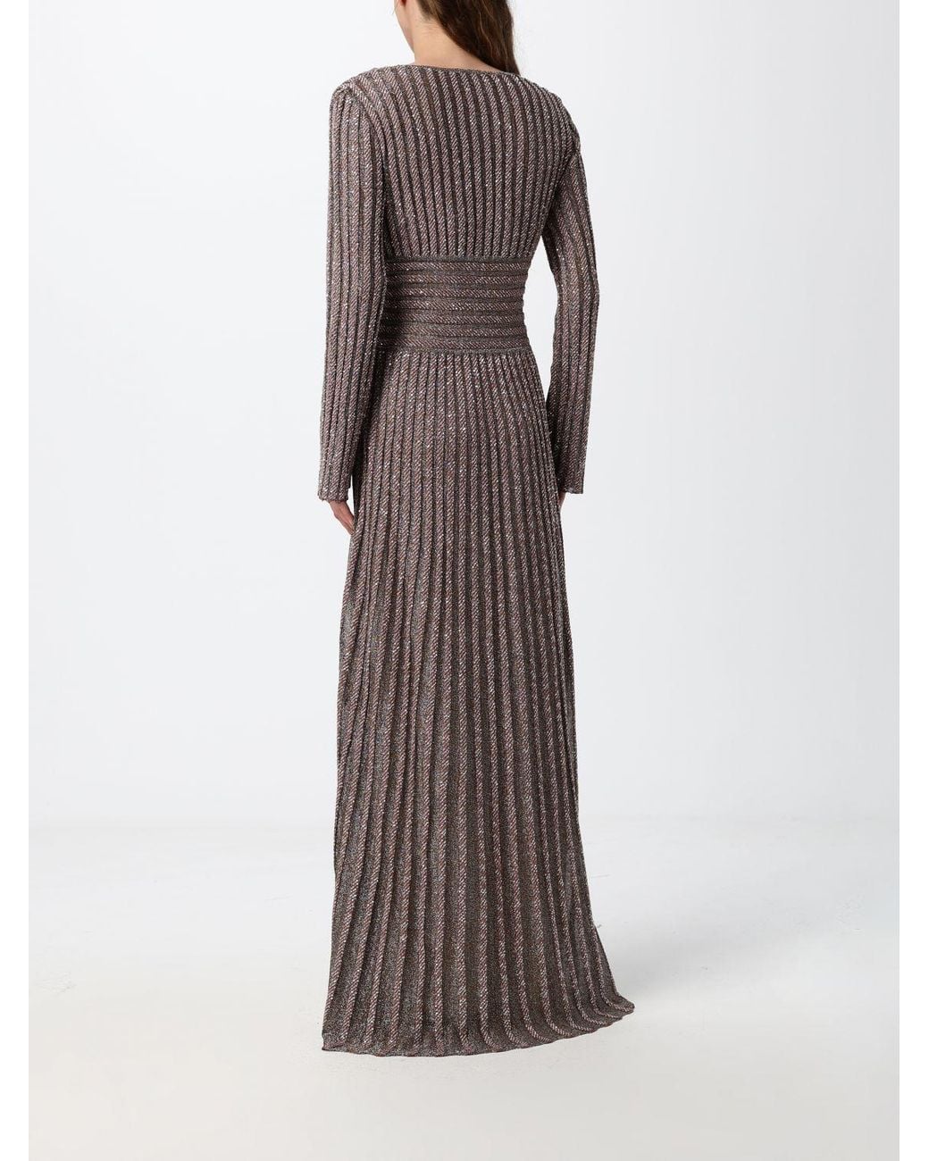 Missoni Brown Pleated Sequin Long Evening Gown With Deep V-Neck