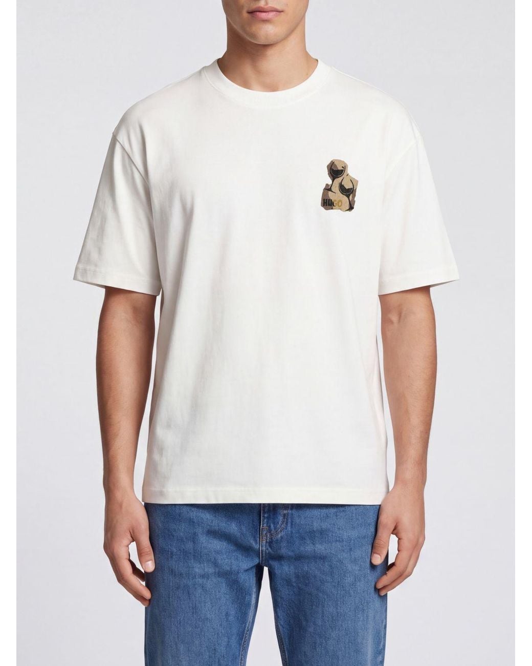 HUGO White Cotton T-Shirt With Graphic Print And Dropped Shoulders for men