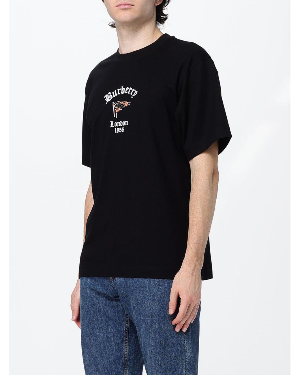 Burberry Black Slim Fit Cotton T-Shirt With Graphic Print And Contrast Logo for men