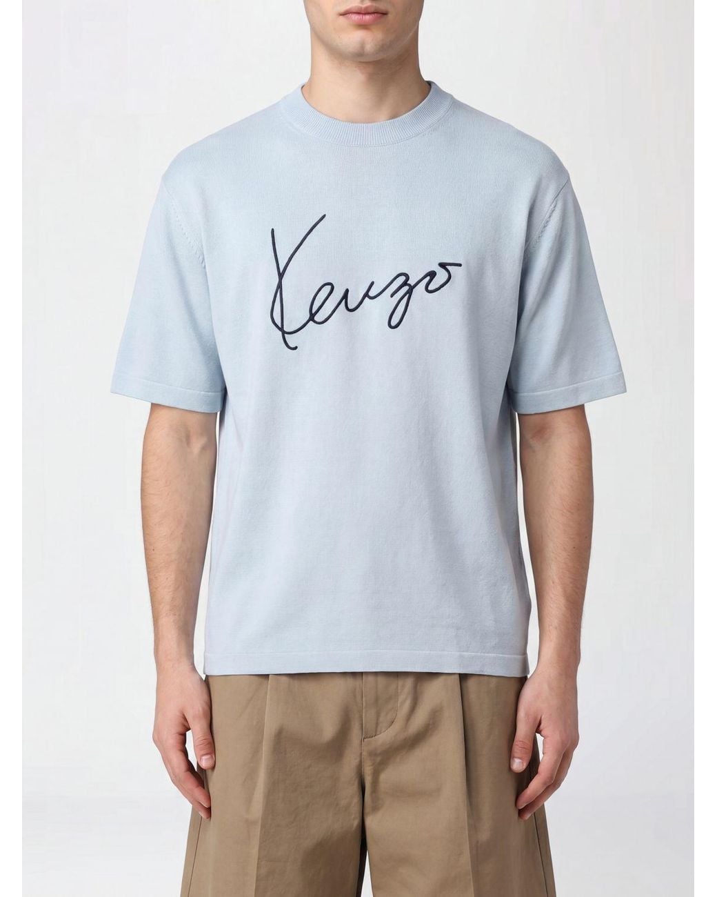 KENZO Blue Dropped Shoulder Pure Wool Logo T-Shirt for men
