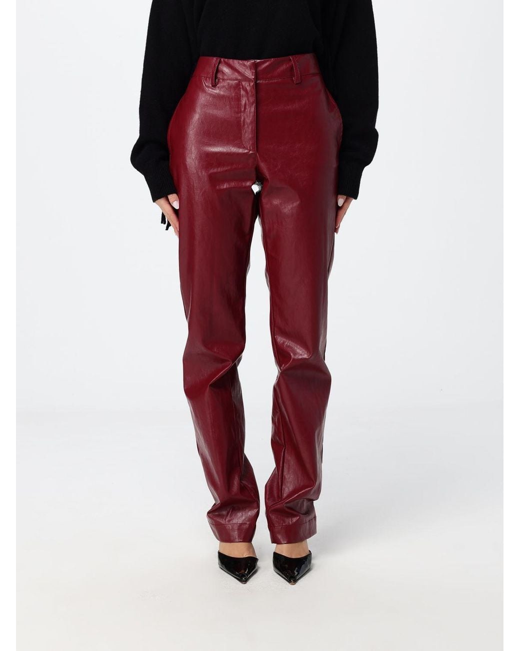 FEDERICA TOSI Red High-Waisted Straight Faux Leather Trousers