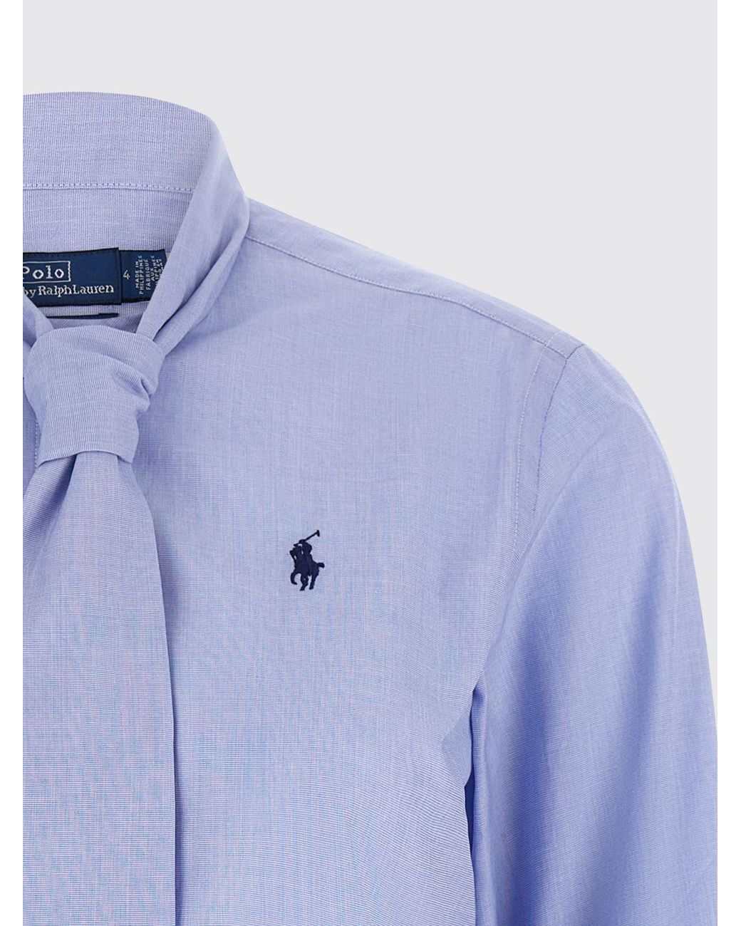 Polo Ralph Lauren Blue Pussy-Bow Cotton Shirt With Pony Logo