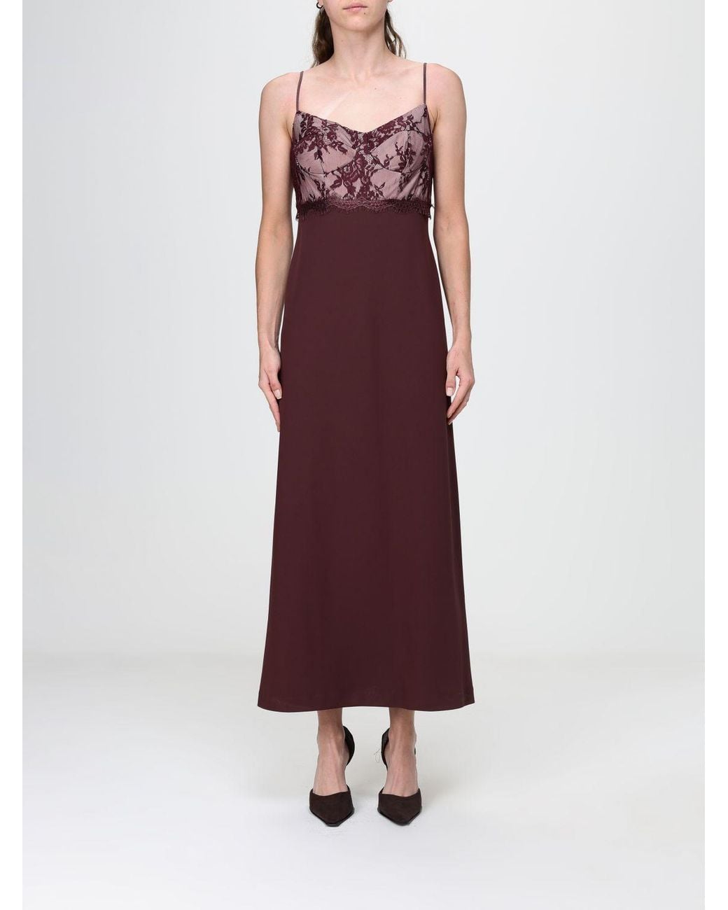 Hanita Purple Crêpe Sheath Midi Dress With Lace Inserts And V-Neck