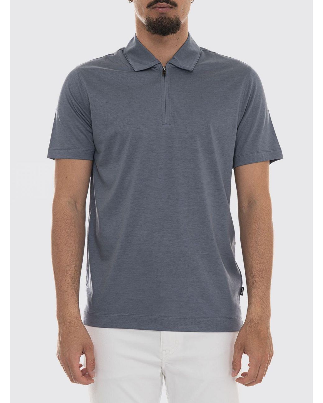 Boss Blue Cotton Polo Shirt With Zip Closure for men
