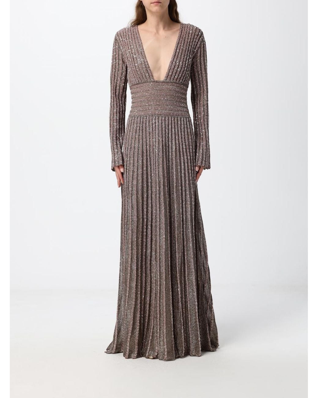 Missoni Brown Pleated Sequin Long Evening Gown With Deep V-Neck