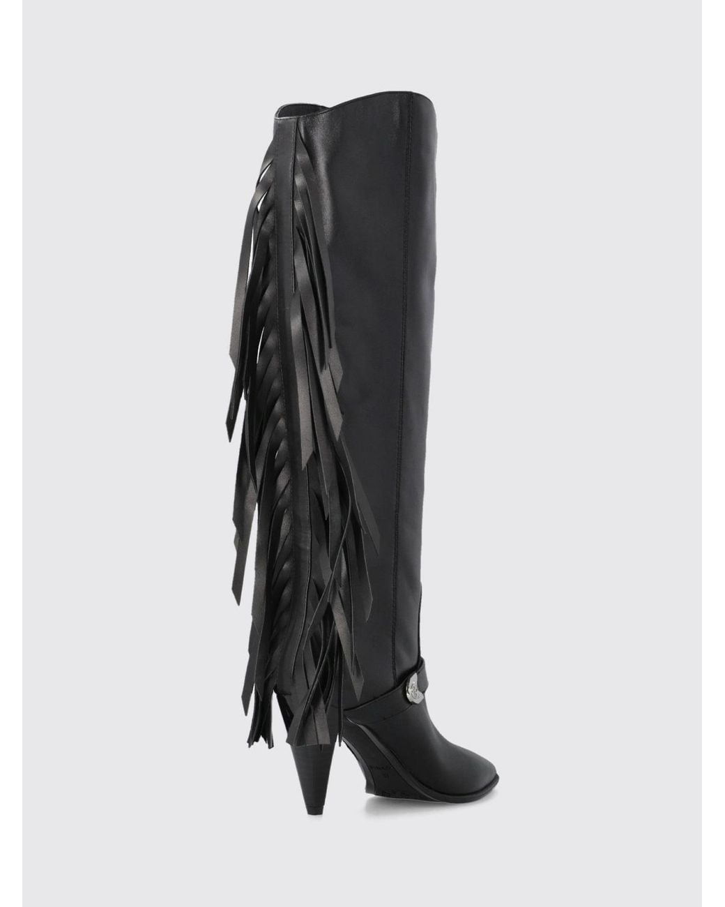 Pinko Black Vane Fringed Leather Knee-High Boots With High Heel