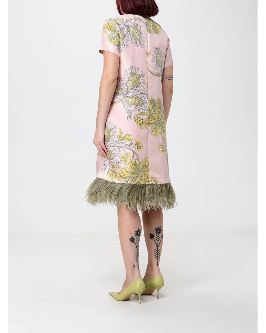 LaDoubleJ White Floral Print Silk Midi Evening Dress With Feather Details