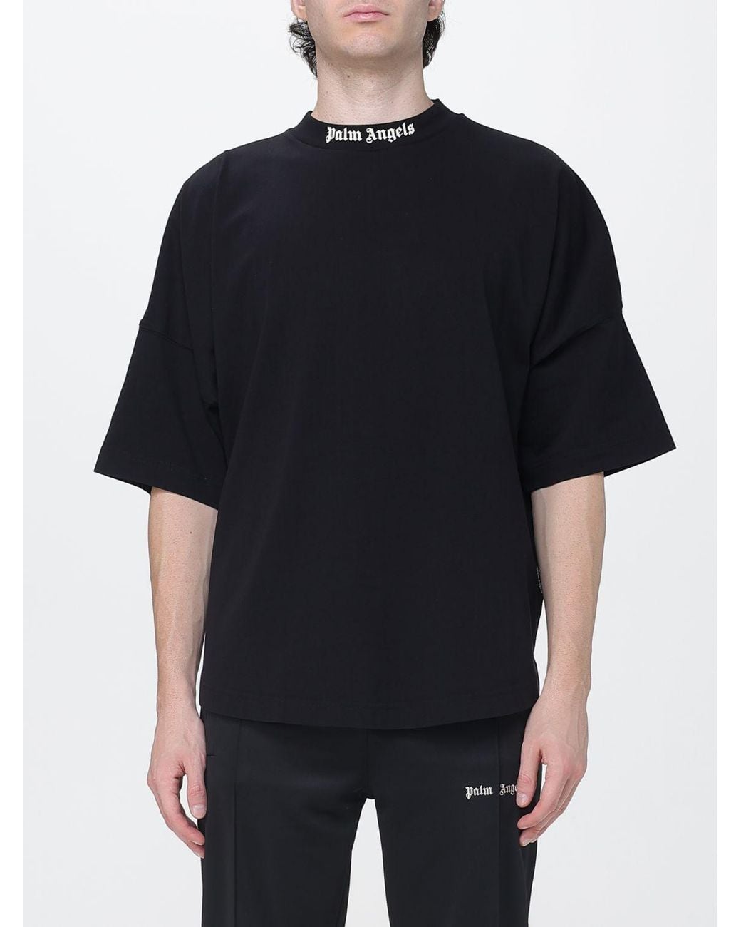 Palm Angels Black Relaxed Fit Cotton T-Shirt With Logo And Dropped Shoulders for men