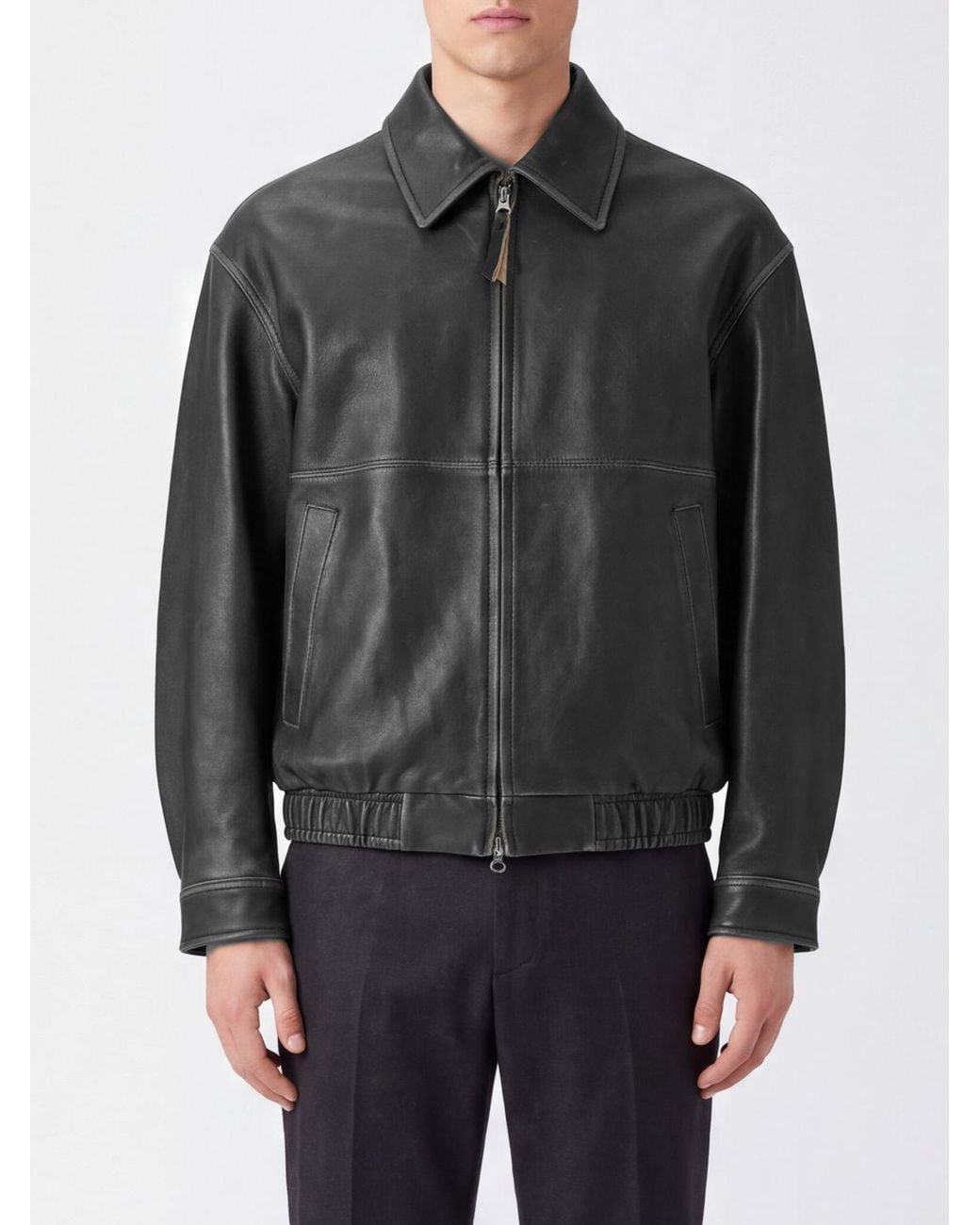 DUNST Gray Lambskin Leather Bomber Jacket With Classic Collar for men