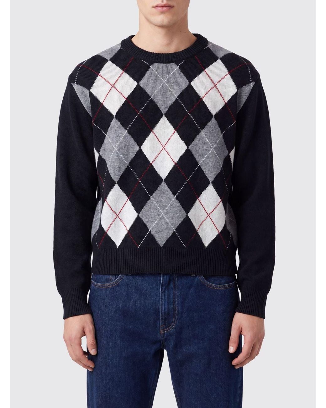 DUNST Blue Pure Wool Argyle Crewneck Jumper for men