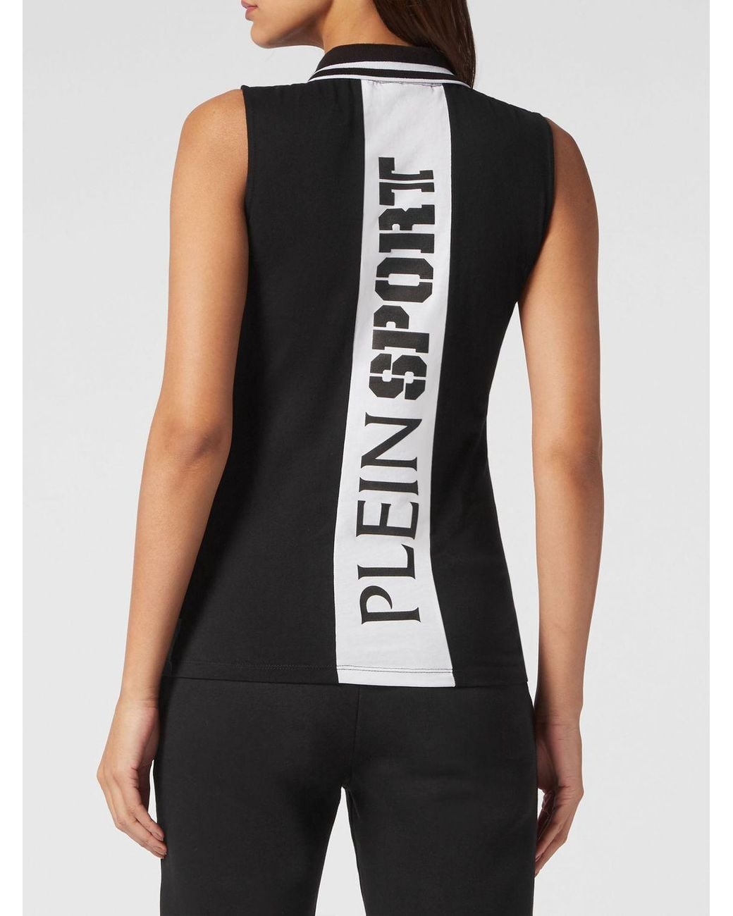 Philipp Plein Black Sleeveless Cotton Polo Shirt With Striped Collar