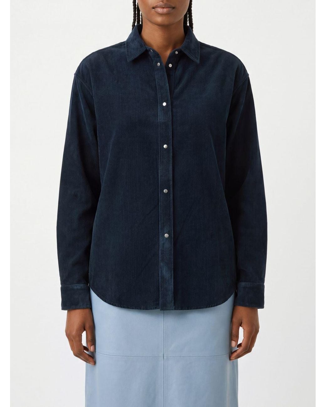 Nude Blue Long-Sleeved Velvet Shirt With A Classic Collar And Button Closure