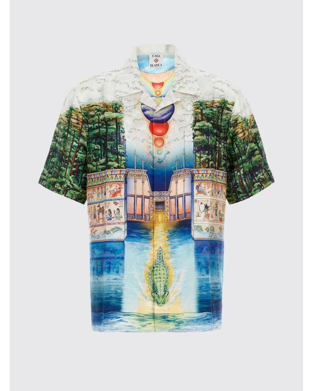 Casablanca Green Short-Sleeved Graphic Print Silk Shirt With Cuban Collar for men