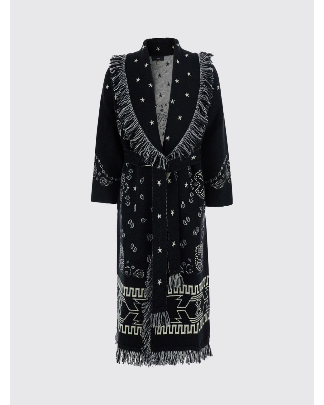 Alanui Blue Long Jacquard Virgin Wool Robe Cardigan With Fringes