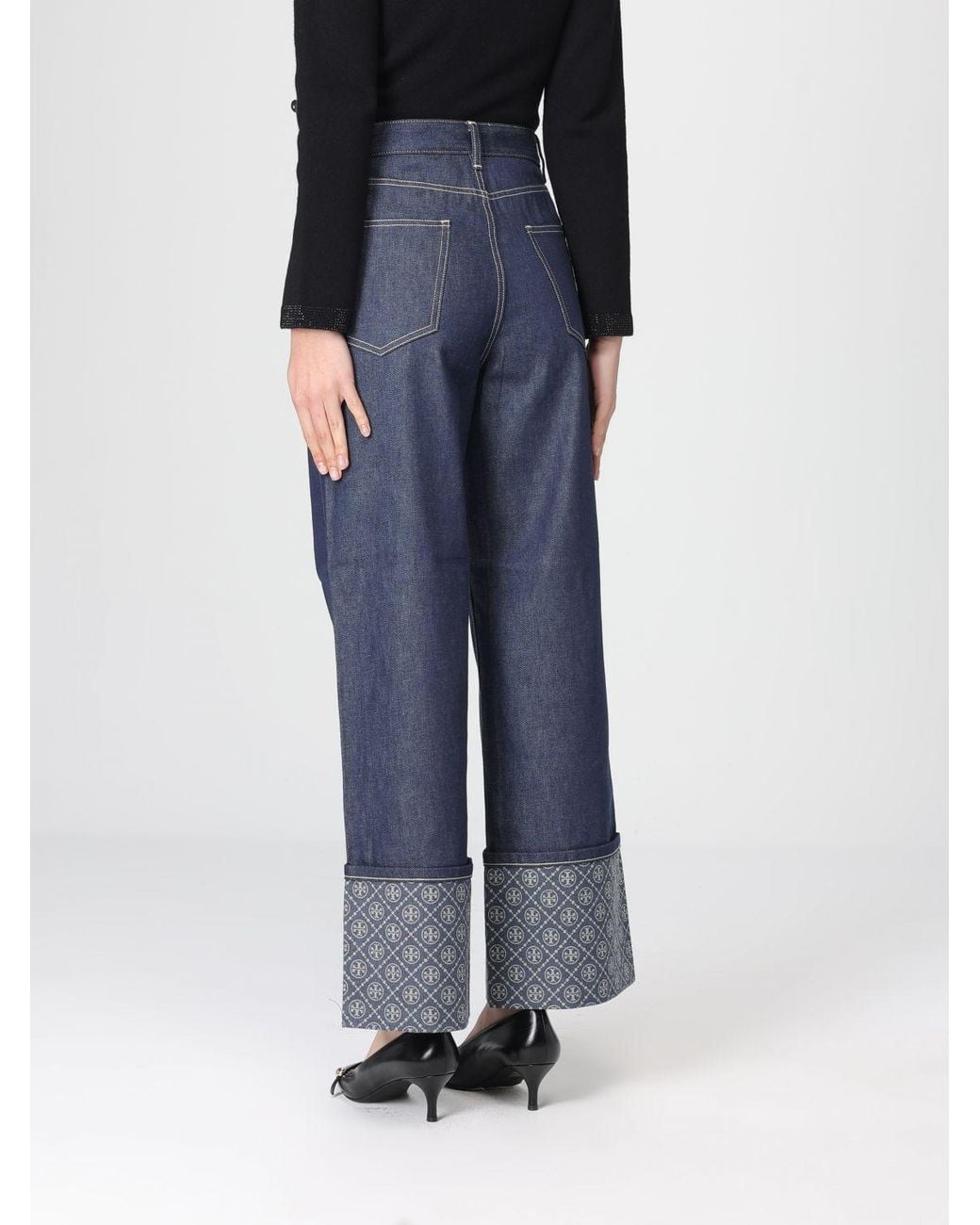 Tory Burch Blue Wide Leg Denim Jeans With Cuff