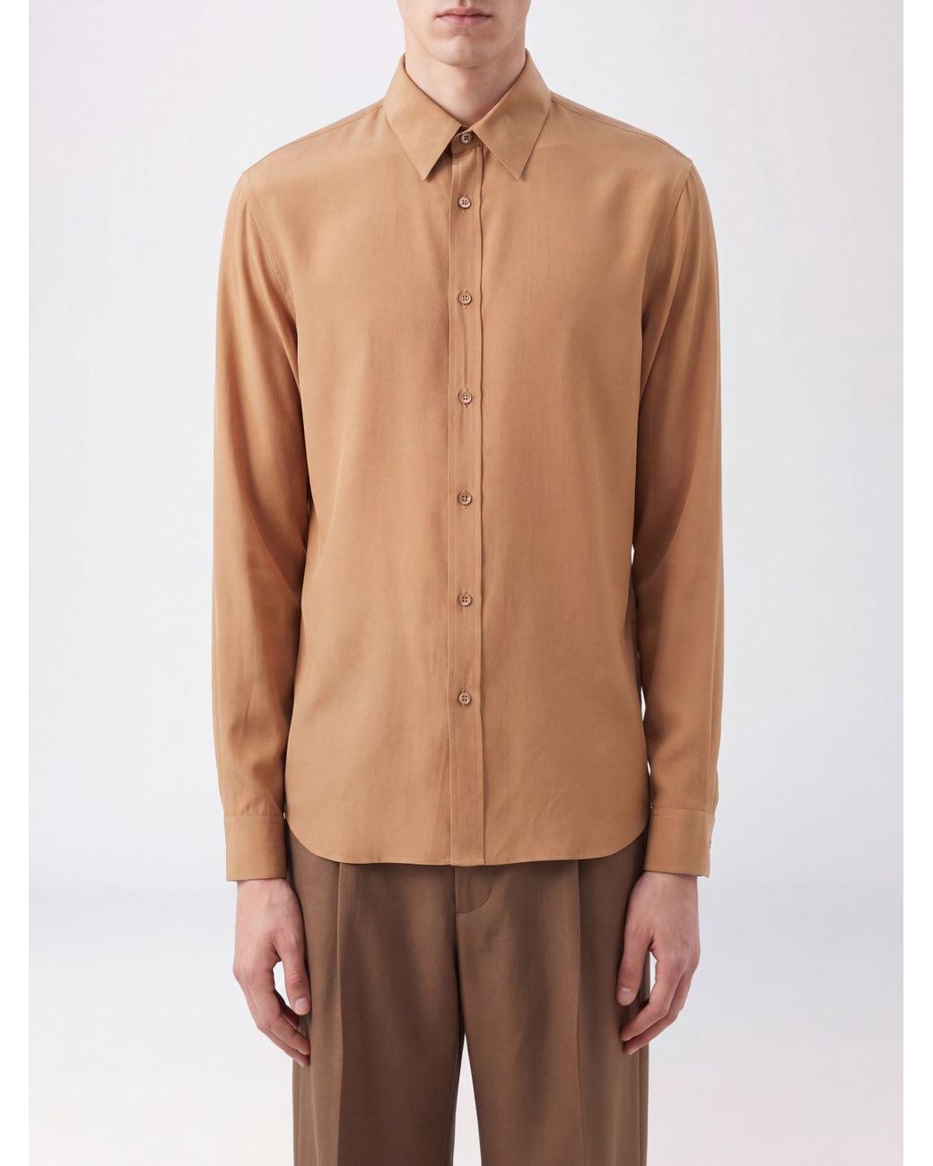 Saint Laurent Brown Pure Silk Shirt With Classic Collar And Curved Hem for men
