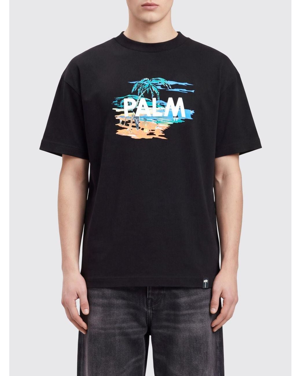 Palm Angels Black Cotton T-Shirt With Graphic Contrast Logo Print for men