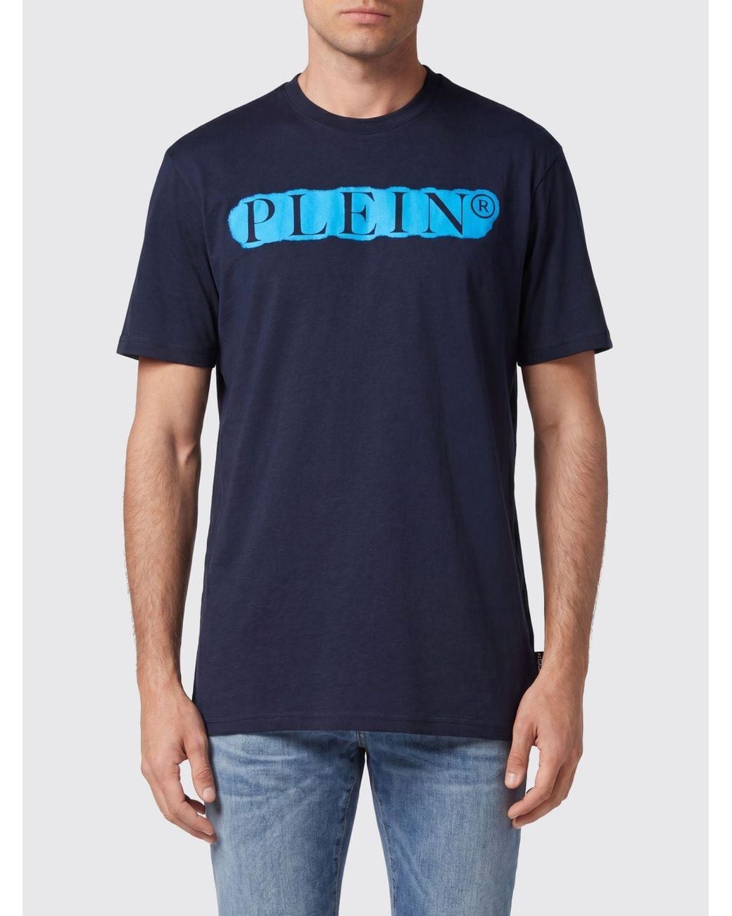 Philipp Plein Blue Cotton Crew Neck T-Shirt With Contrasting Logo Lettering Print for men