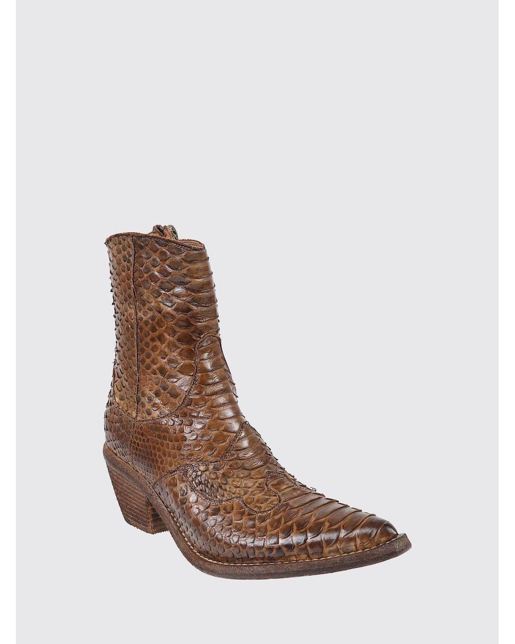 Fauzian Jeunesse Brown Python-Print Leather Western Boots With Mid Heel