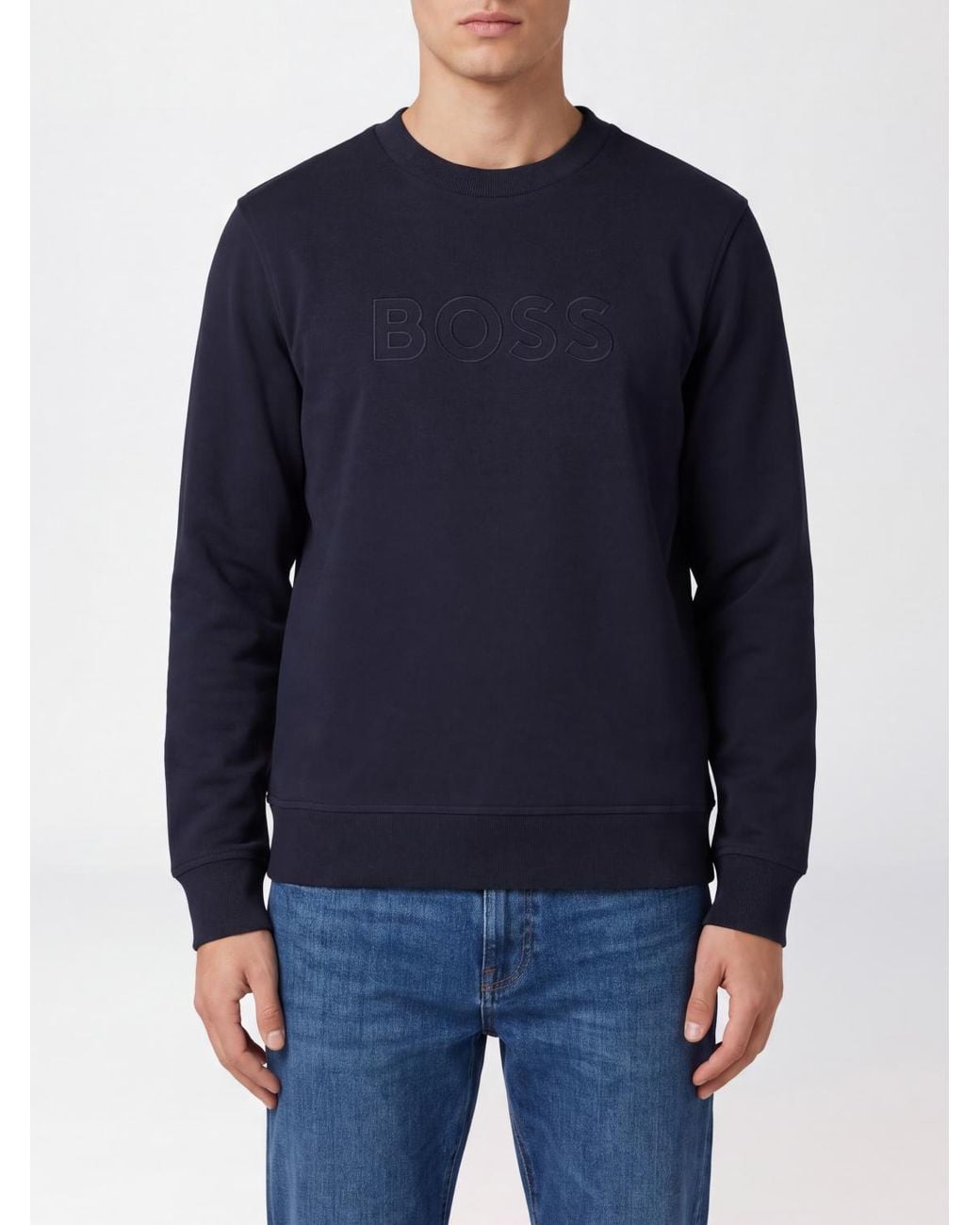 Boss Blue Crew-Neck Cotton Jumper With Tone-On-Tone Logo for men