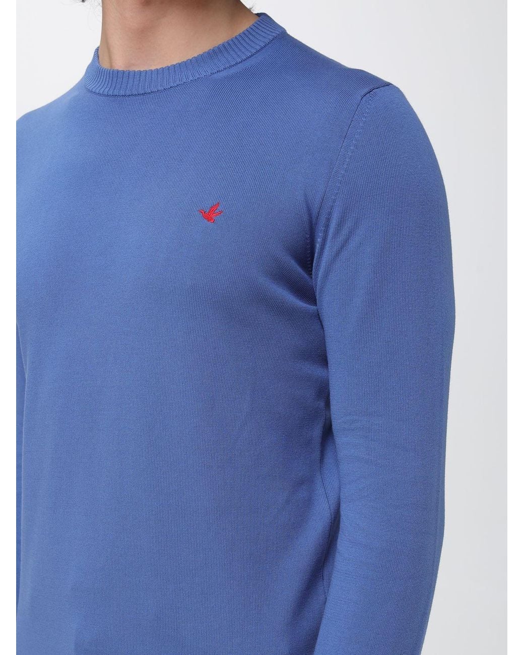 Brooksfield Blue Cotton Crew Neck Sweater With Logo for men