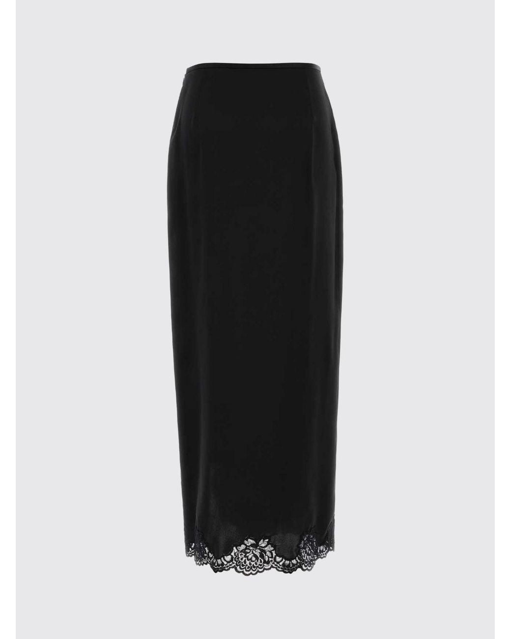 Valentino Garavani Black Silk Midi Pencil Skirt With Lace Inserts And Front Slit